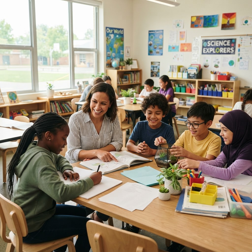 Students collaborating with a teacher in a bright classroom