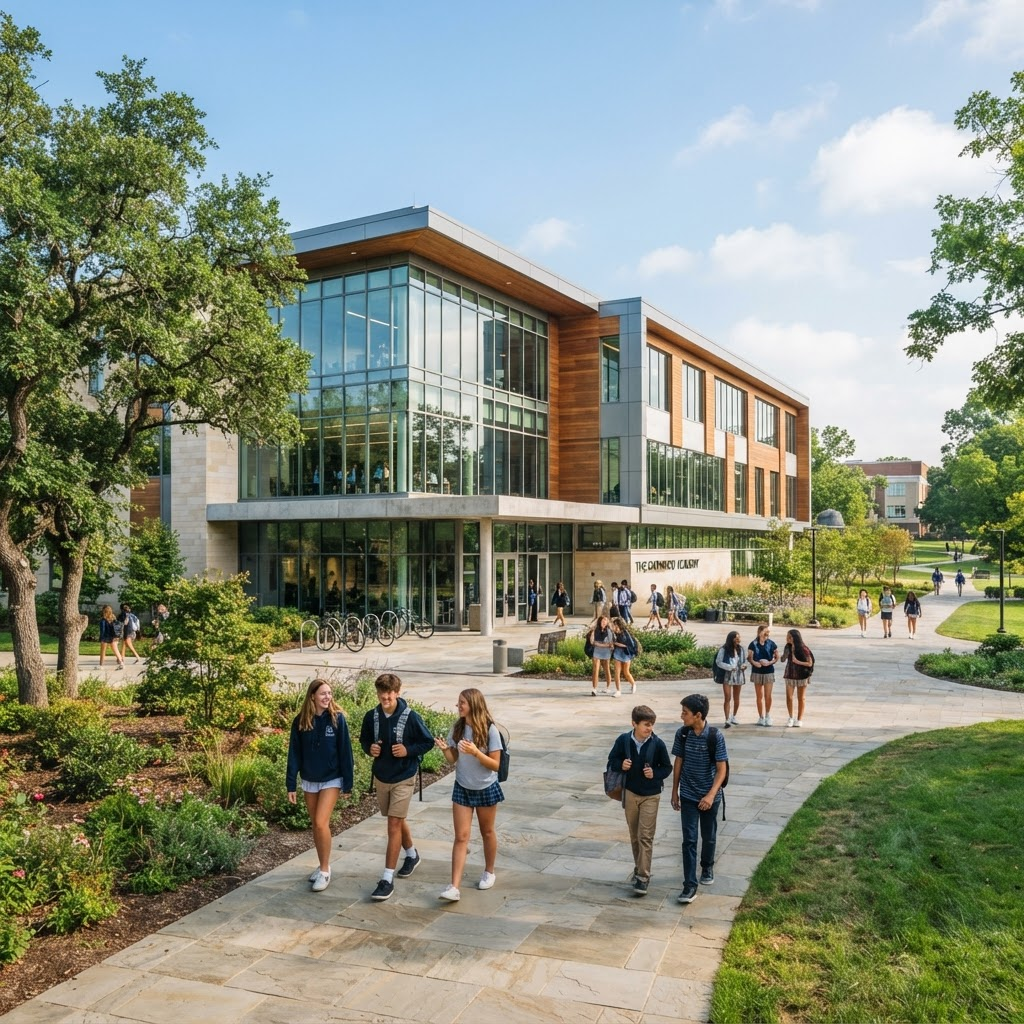 Students walking near the modern AL AI AMANA campus building
