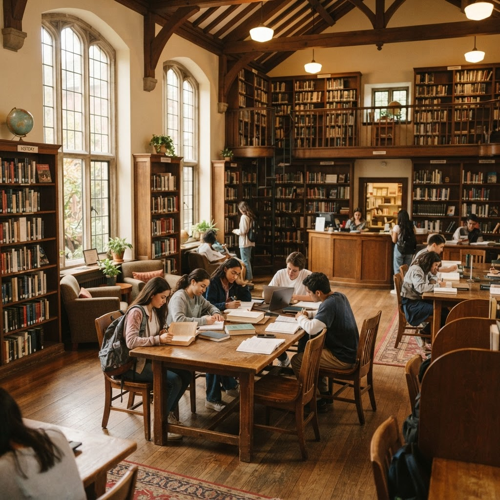Students reading in the AL AI AMANA school library